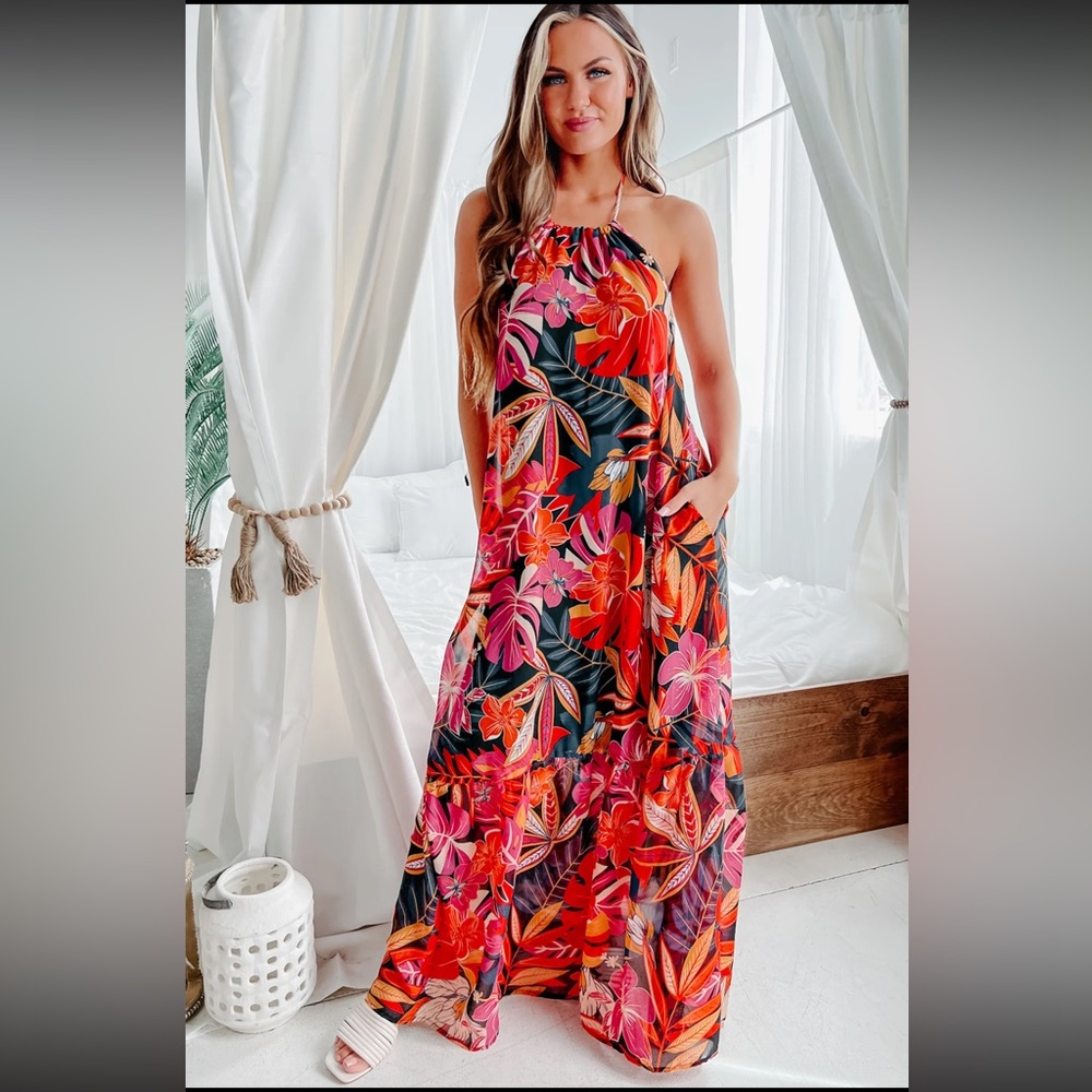 BALI BREEZE TROPICAL PRINT HALTER NECK MAXI DRESS (BLACK/PINK/ORANGE)
